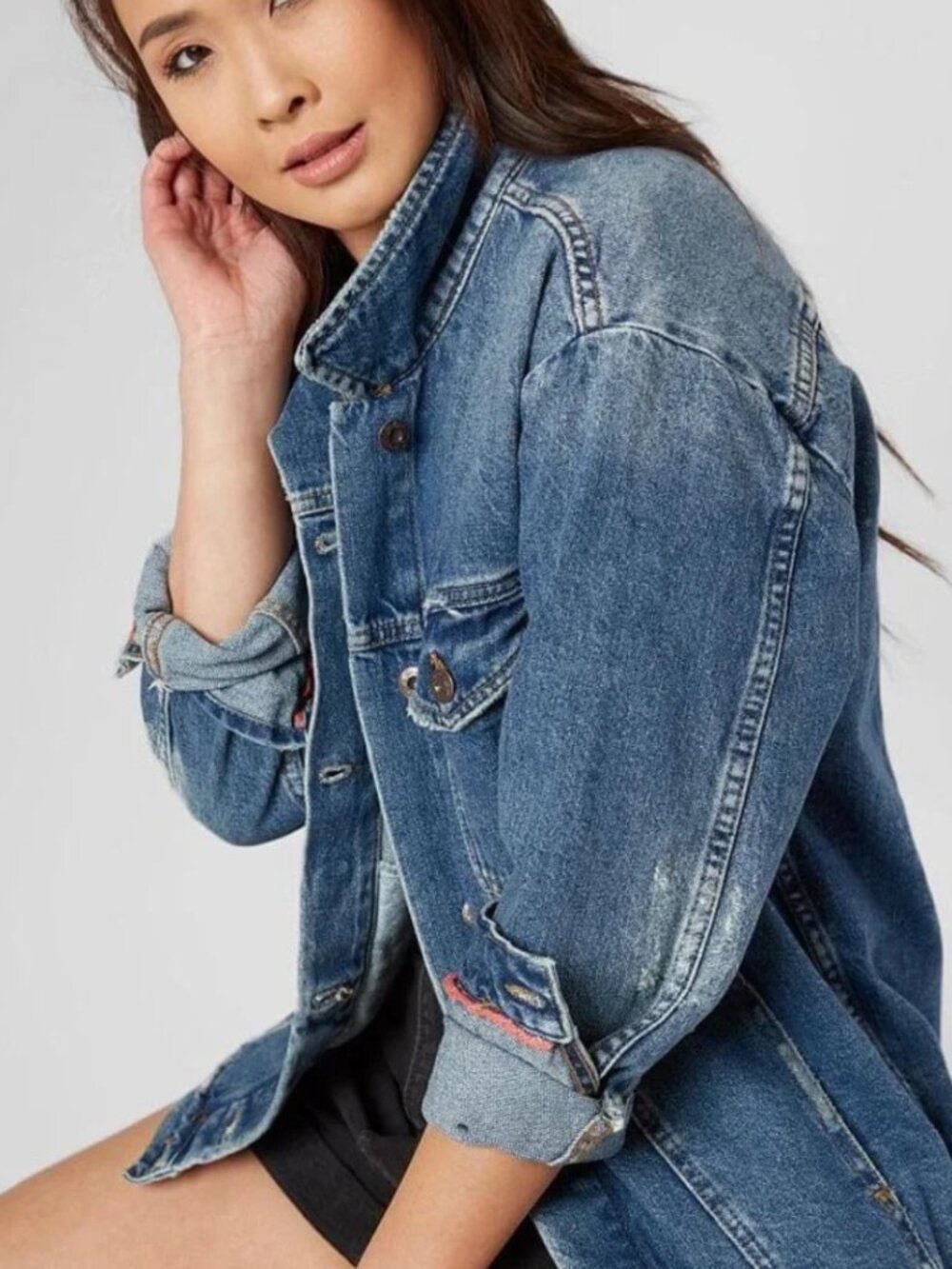 Free People Ramona Trucker Denim Jacket Oversized Jean Boho Utility Medium - Picture 2 of 11